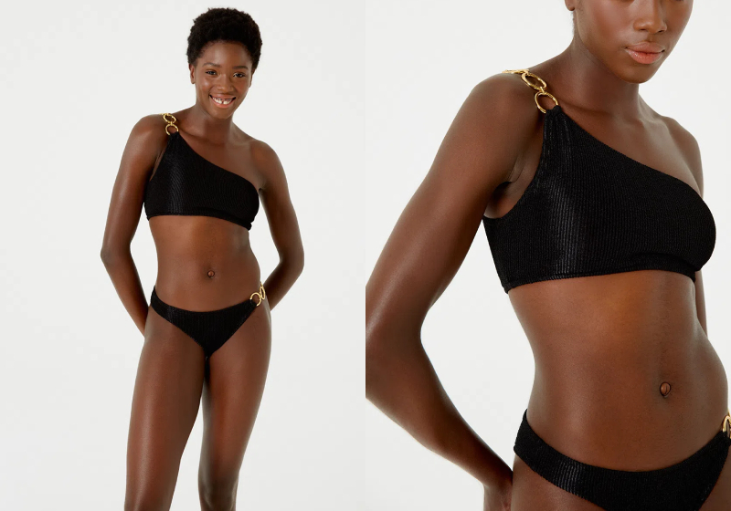 modelo negra sorridente com biquini de top preto 