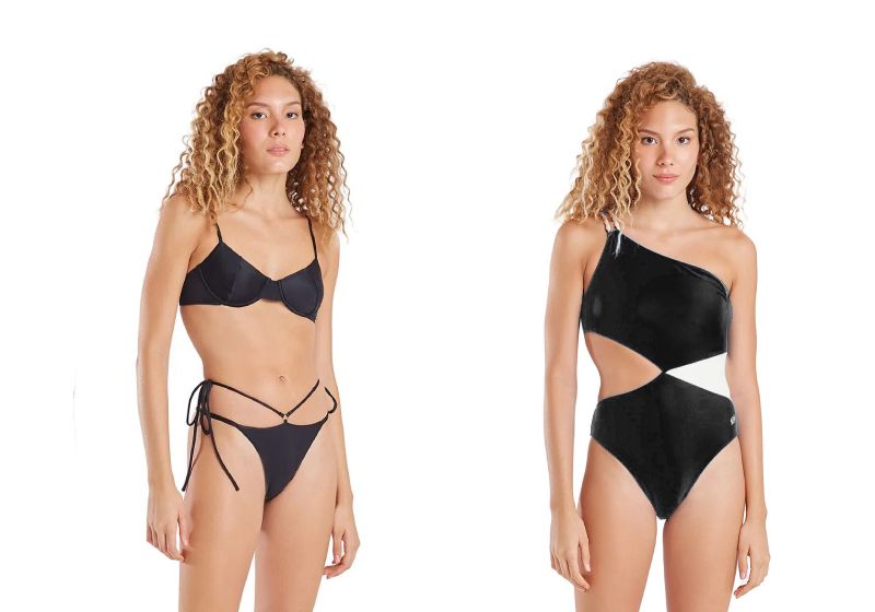 moda praia com recortes modelo posando de frente com roupa moda praia com recortes