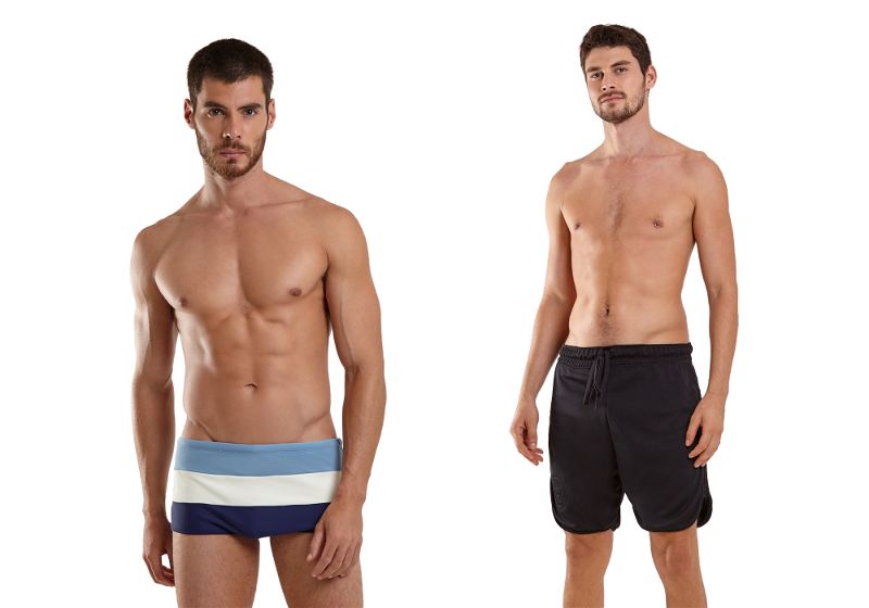 Imagem com dois homens, um vestindo sunga e outro bermuda