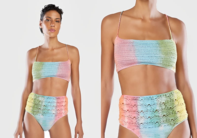 modelo morena com biquini de chochê arco ires no fundo branco 