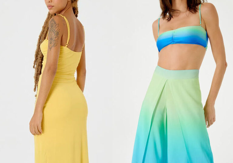 duas modelos de tons de pele diferentes usando vestidos em tons candy colors de azul e amarelo