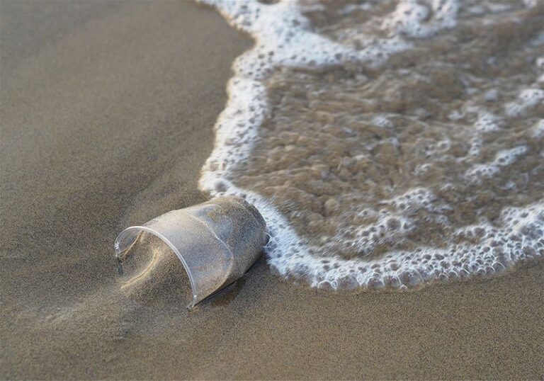 como de plástico nma areia da praia, a beira mar.