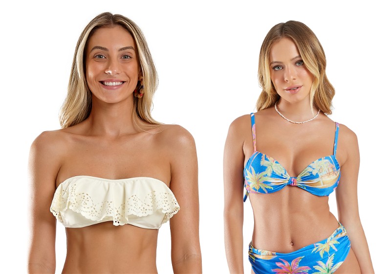 Duas mulheres uma a frente da outra, uma utiliza biquíni tomara que caia branco com babado e a outra com alça e estampado