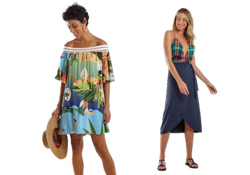 Duas mulheres uma a frente da outra vestindo modelos diferentes de vestido