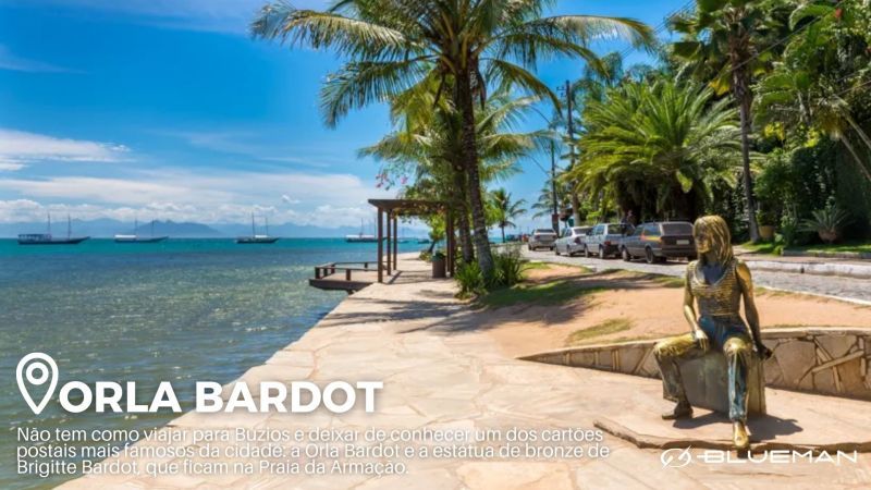 Conheça a Orla Bardot. Orla de praia com coqueiros e estátua não identificada.