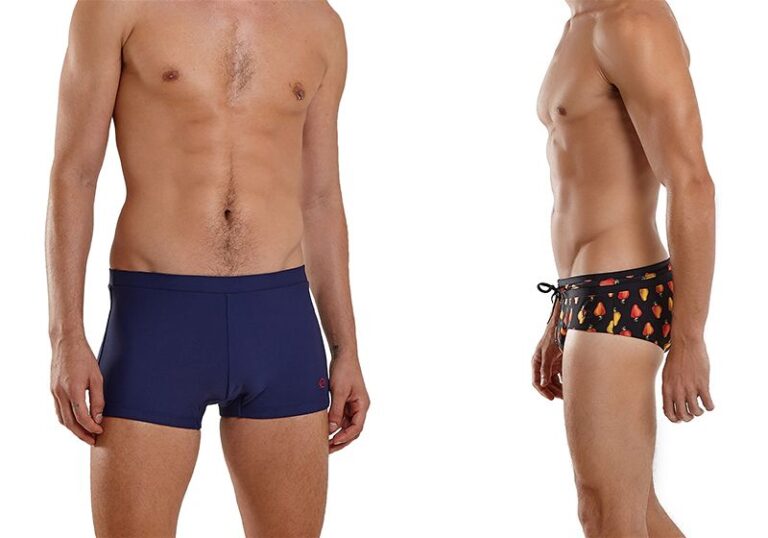 Homem utilizando sunga, imagem de frente e de lado