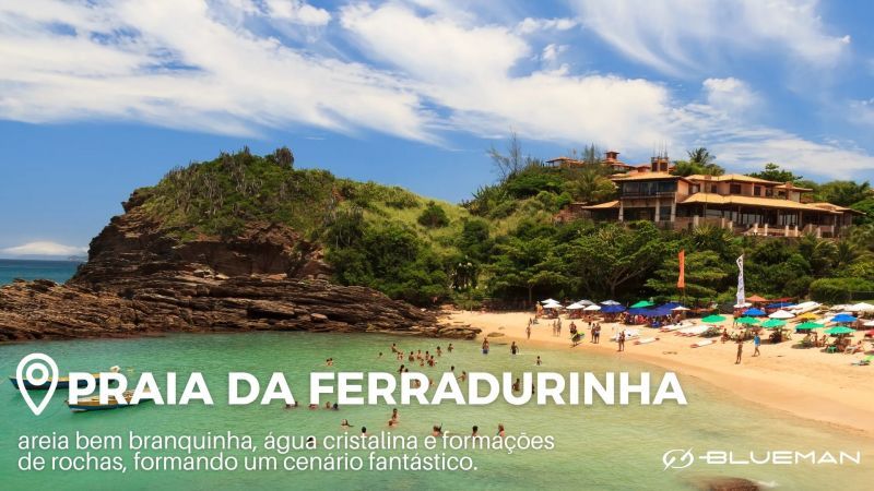 Praia da Ferradurinha. Imagem composta por praia, casa, banhistas e guarda-sóis.