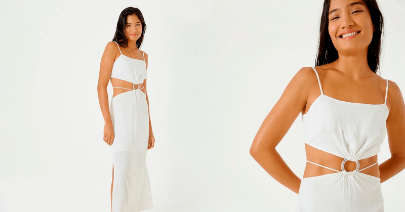 mulher usando vestido esporte fino branco com transparência e fenda lateral