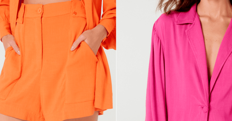 Imagem evidenciando um short em laranja e uma camiseta rosa